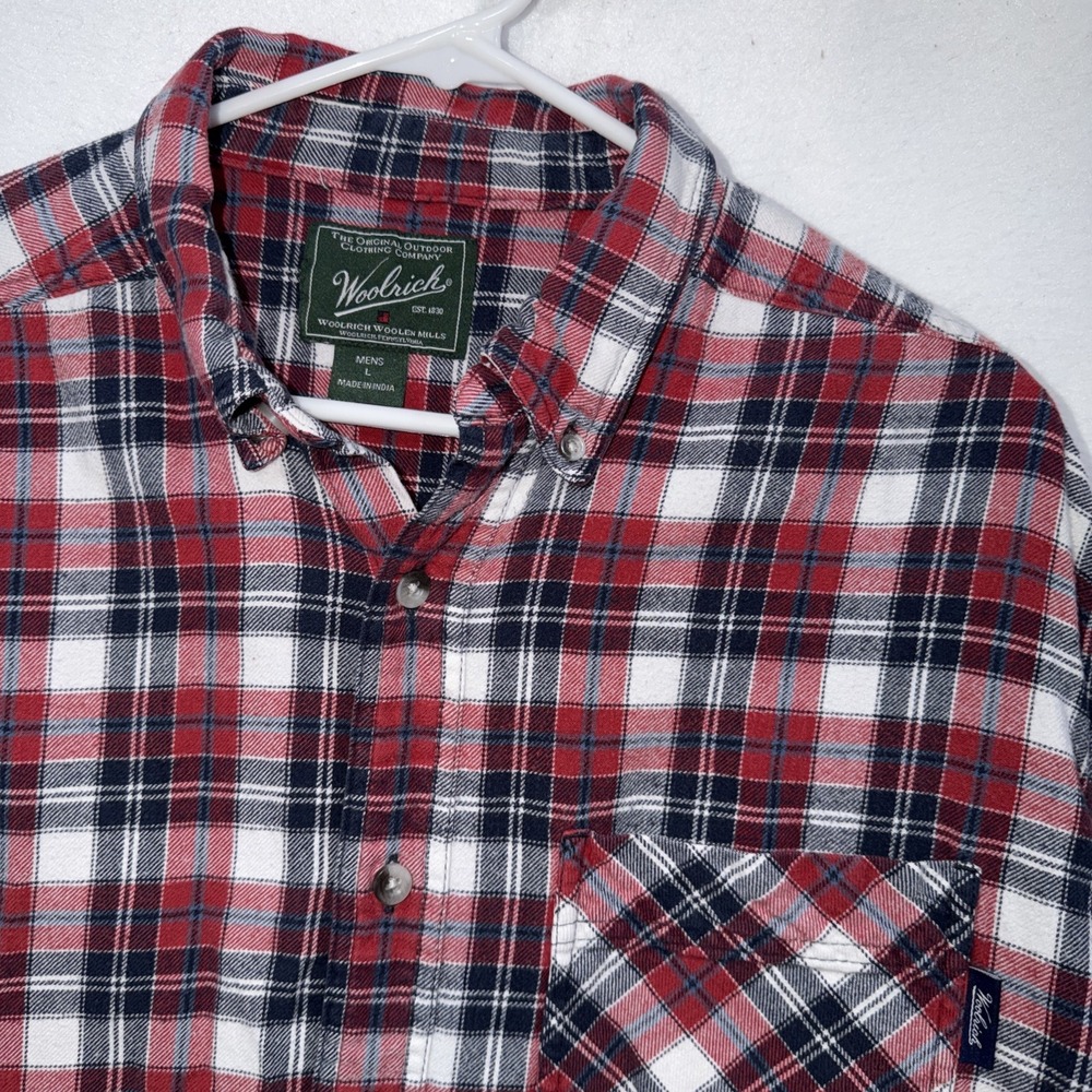 Woolrich 4604 Mens‎ Large Flannel Red Blue Plaid Long Sleeve Button Down Cotton